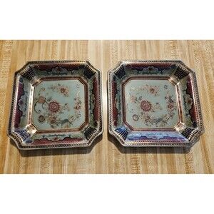 Set Of 2 Vintage Oriental Accent Plates Green W Red Flowers & Gold Accents